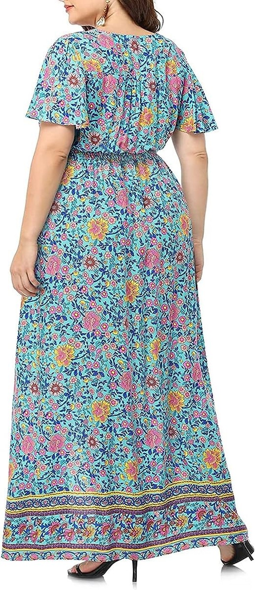 women's button up split floral print flowy party maxi dress NWT Plus Size Short Sleeve Beach ED-041