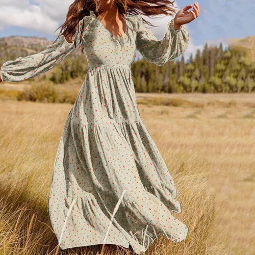 Women's Puff Sleeve Floral Printed Dress Casual Beach Long Maxi Dresses Plus - Picture 6 of 30
