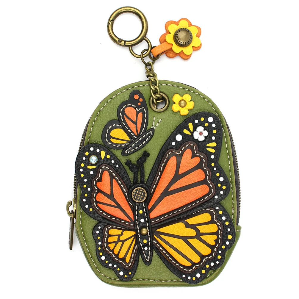 Chala Green Monarch Butterfly RFID Blocking Zippered Coin Purse Keychain Wallet