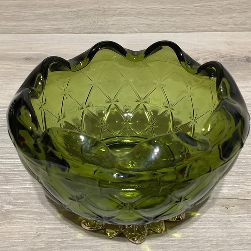VTG Indiana Green Glass Bowl Quilted Gold Metal Leaf Base Scalloped Ruffle Edge - Picture 8 of 13