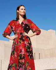 Studio by Preen Womens Black Red Floral Chiffon Wrap Summer Midi Dress UK 14 NWT