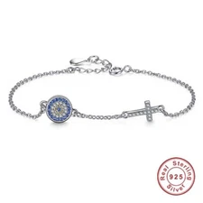 Quality Genuine 925 Sterling Silver Cross Evil Eye Turkish Greek Mati Bracelet