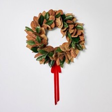 24" Magnolia Leaves Wreath with Red Ribbon Threshold w/ Studio McGee Xmas Fall