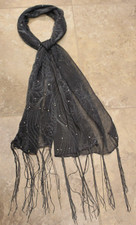 Lightweight Formal Evening Floral Accent Scarf Black Fringe Semi-Sheer 72x18"