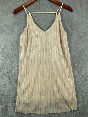 One Clothing Los Angeles Womens XS Gold Pleated Slip Dress Mini Dress Sleeveless