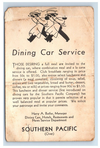 1920's Southern Pacific Dining Car & Tray Service Price Menu Card *O