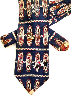 Looney Tunes Mania 1995 Silk Tie, Paisley w/ Multiple Warner Bros. Characters XL