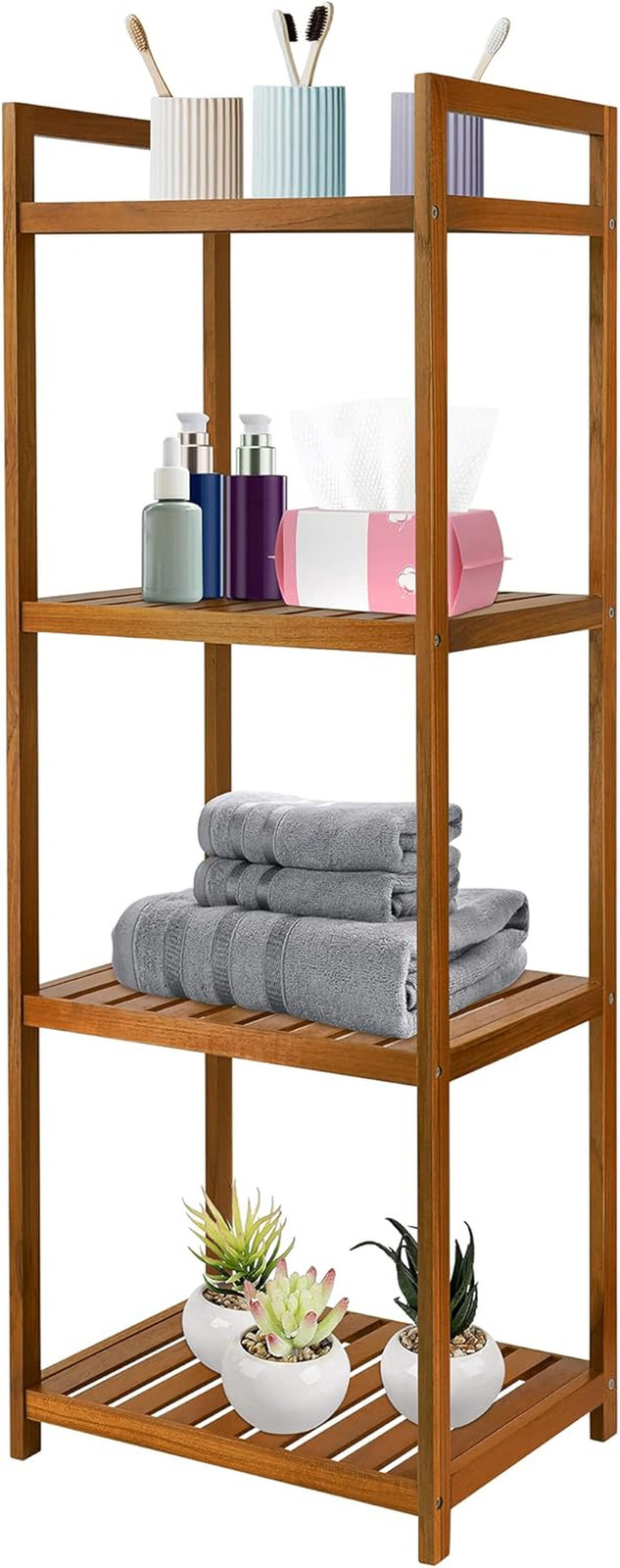 Teak Wood Bathroom Shelf Organizer Stand, Standing Shelves Shower Caddy Units, F