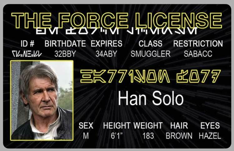 Han Solo Star Wars Movie Novelty License ID Card The Force Rise