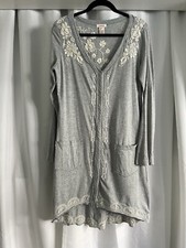 Sundance Gray Hi Low Embroidered Snap Front Long Line Boho Cardigan Size M