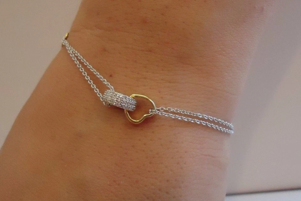 PULSERA DE PLATA DE LEY 925 DE ORO AMARILLO/BLANCO DE DOS TONOS DE 18 QUILATES CON DETALLES/8"" Foto 4 de 4