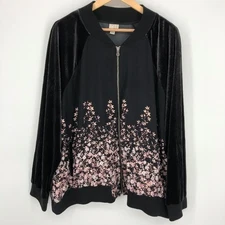 A New Day Womens Zip Up Jacket Size 3X Black Floral Velour Pockets Casual