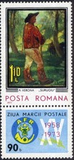 ROMANIA 1973 Stamp Day,  painting POSTAL OFFICER, MNH, OG + gutter