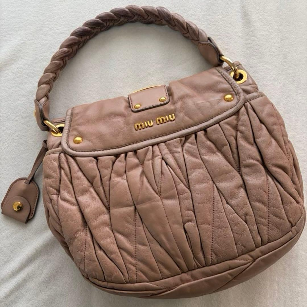 Miu Miu Matelasse 2Way Handbag Pink Beige Leather 2Way Shoulder