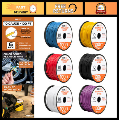 600ft 10 Gauge Automotive Wire - 6 Color Bulk Assortment Pack - 10 AWG Copper Cl