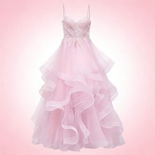 Pink Tulle Prom Dresses Spaghetti Strap Sequin Applique Formal Party Gowns