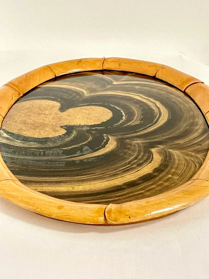 Plateau de service vintage en bois verre Italie années 50 moderniste faux bambou - Photo 4/4
