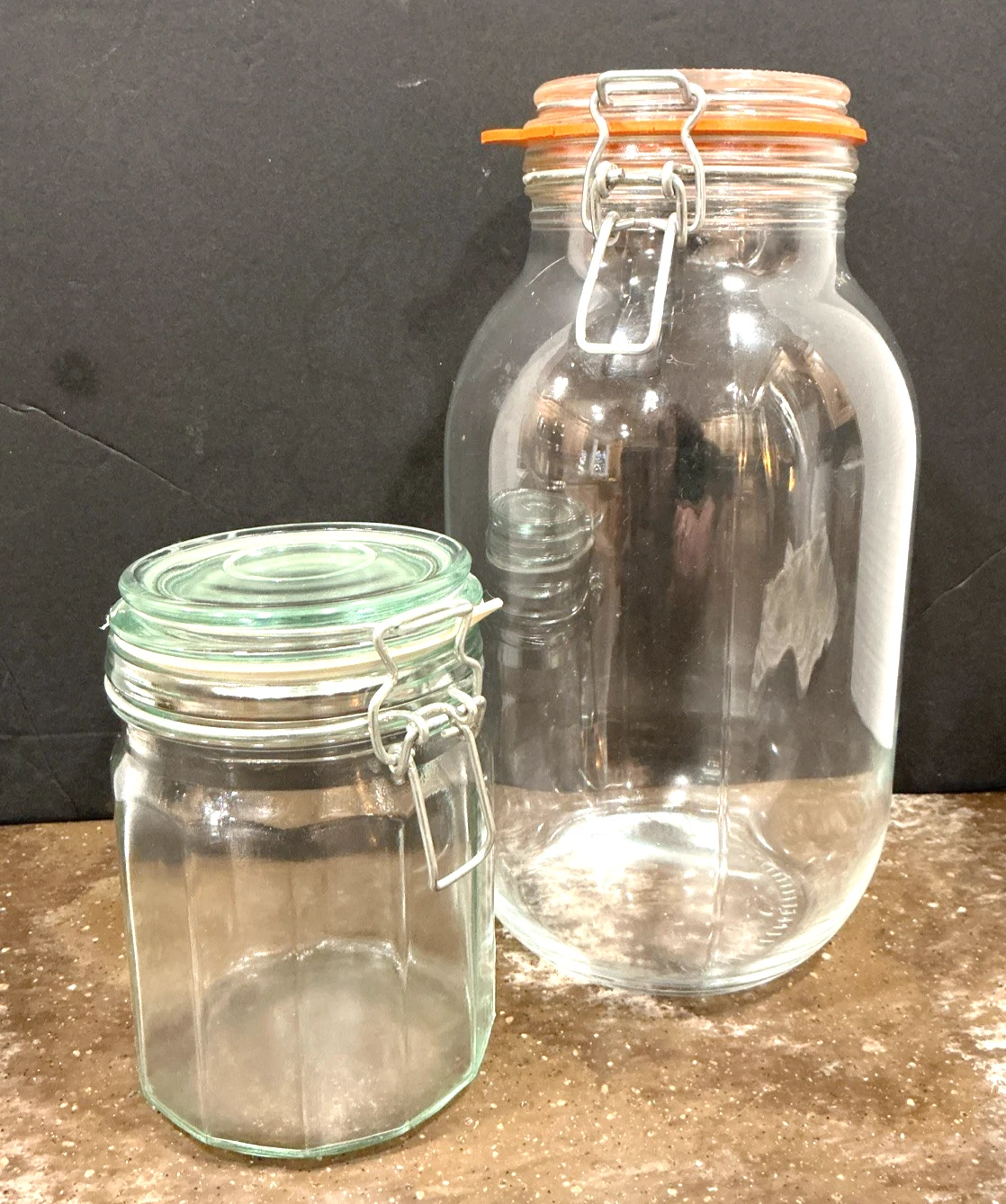 French Farmhouse Glass Clamp Lid Jars Set 2 Rustic Pantry Canisters ARC France