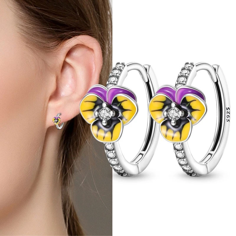 PANDACH 925 Sterling Silver Tiny Pet&Flower Hoop Earrings For Women Jewelry Gift - Picture 1 of 6