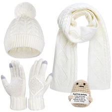 Winter Scarf Gloves and Hat Set for Women, Beanie Hat Long Scarf Touchscreen