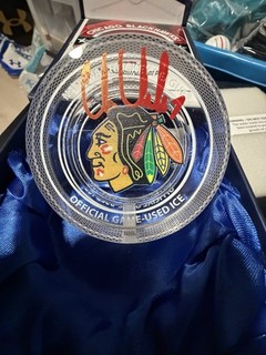 Chris Chelios Chicago Blackhawks Autographed Crystal Puck w/Game Used Ice.