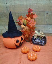 Fall Autumn Halloween Decorations - Lot of 7 -Fabric Pumpkin, Candles, Stem,Sign