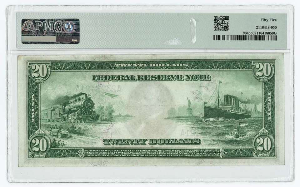 FR #964 $20 1914 Federal Reserve Note Boston AU55 PMG Pop 1, none finer 946757-7 - Image 2 of 3
