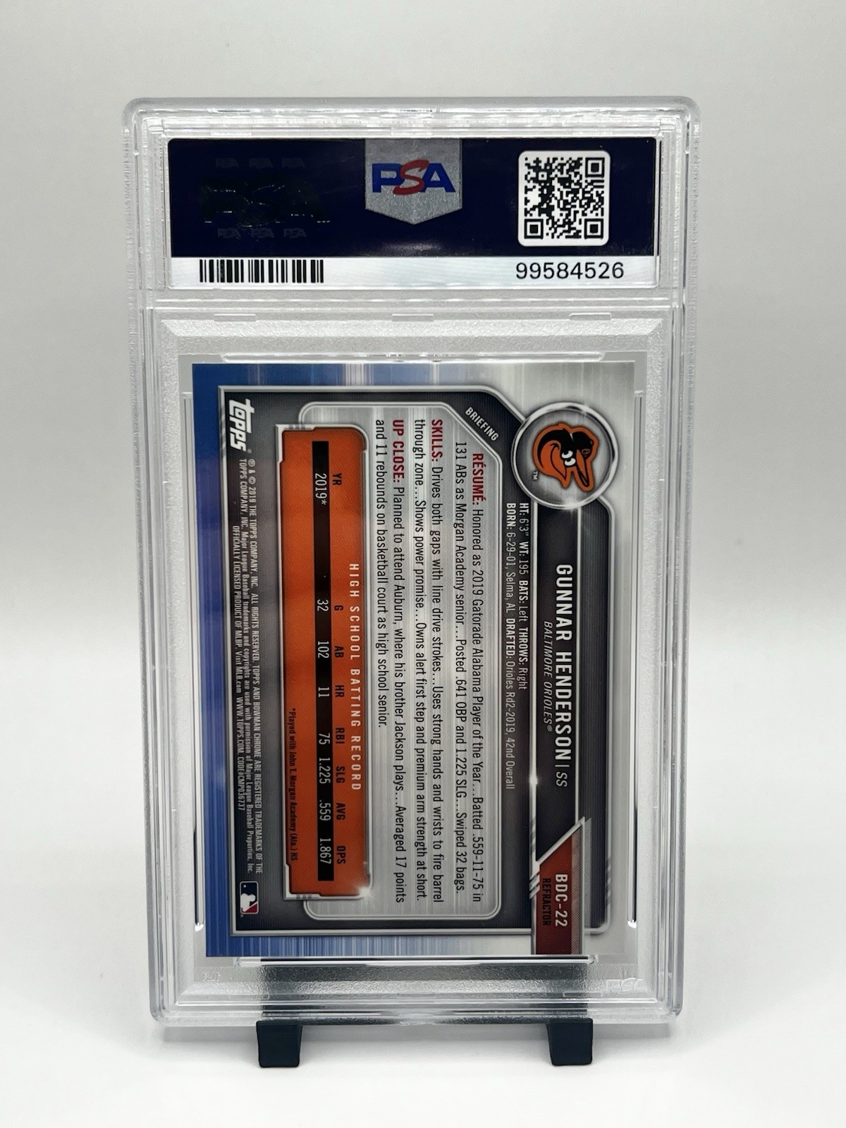 Gunnar Henderson PSA 9 - 2019 Bowman Draft - Chrome Refractor (RC) #BDC-22 view 2