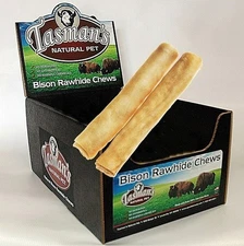Tasman's Natural Pet 9-10" LG Bison Rolls. 15 Piece Case. No harmful chemicals.