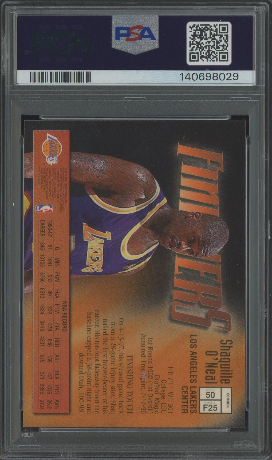 1997 Topps Finest w/ Coating #50 Shaquille O'Neal Los Angeles Lakers HOF PSA 9 view 2