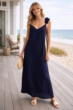 Vince Camuto Maxi Dress S Navy Ruffle Sleeveless V Neck Viscose Coastal Beachy