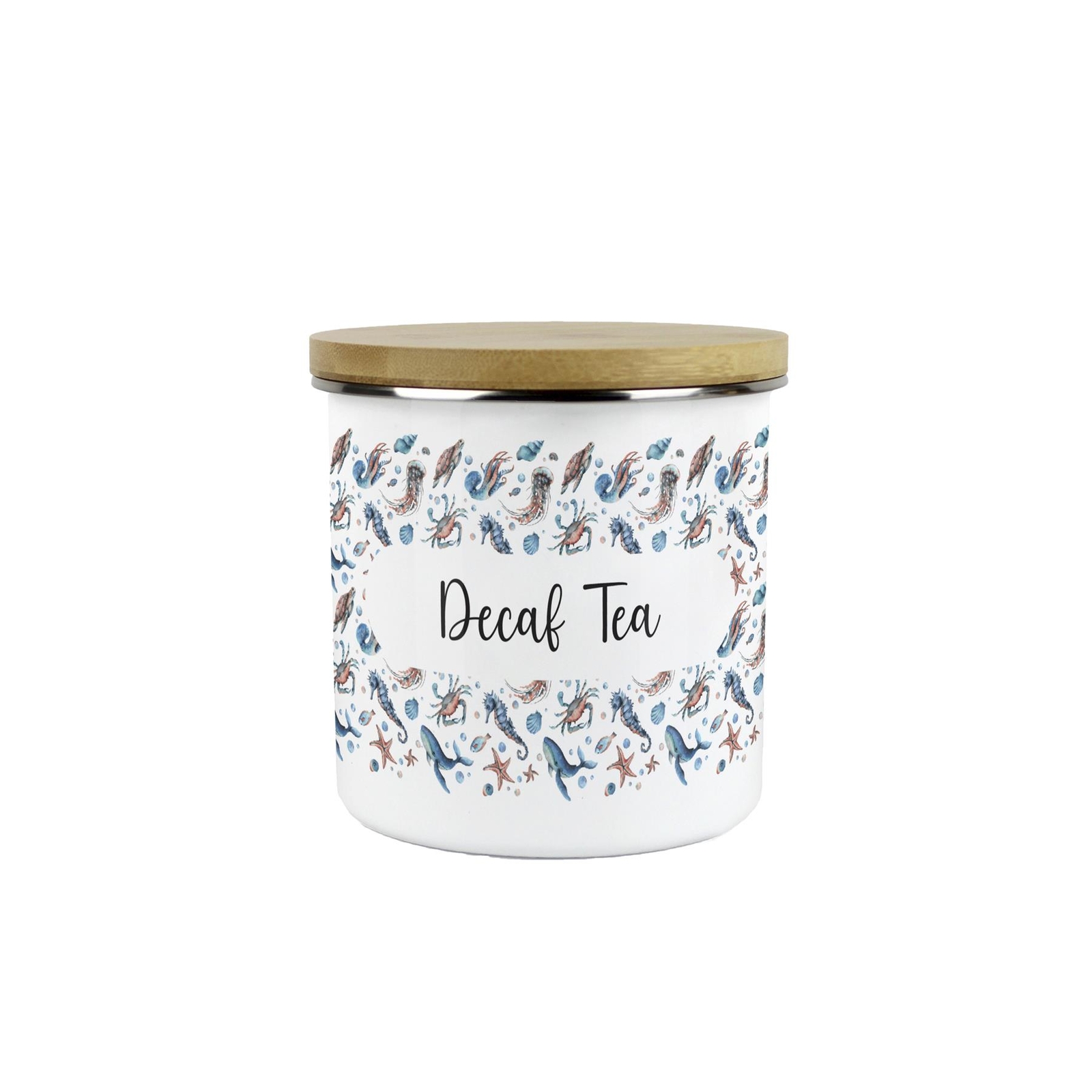 Sea Art Decaf Tea Canister - Coastal Creatures Enamel Kitchen Storage Jar Gift
