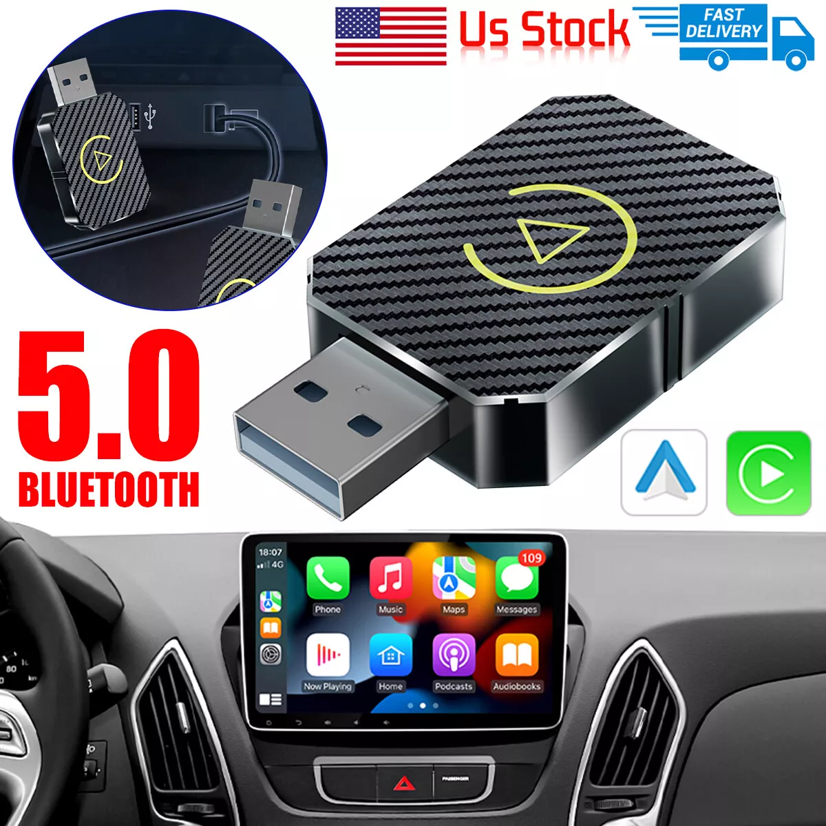 Wireless CarPlay Android Auto USB Adapter Mini Dongle for Cars