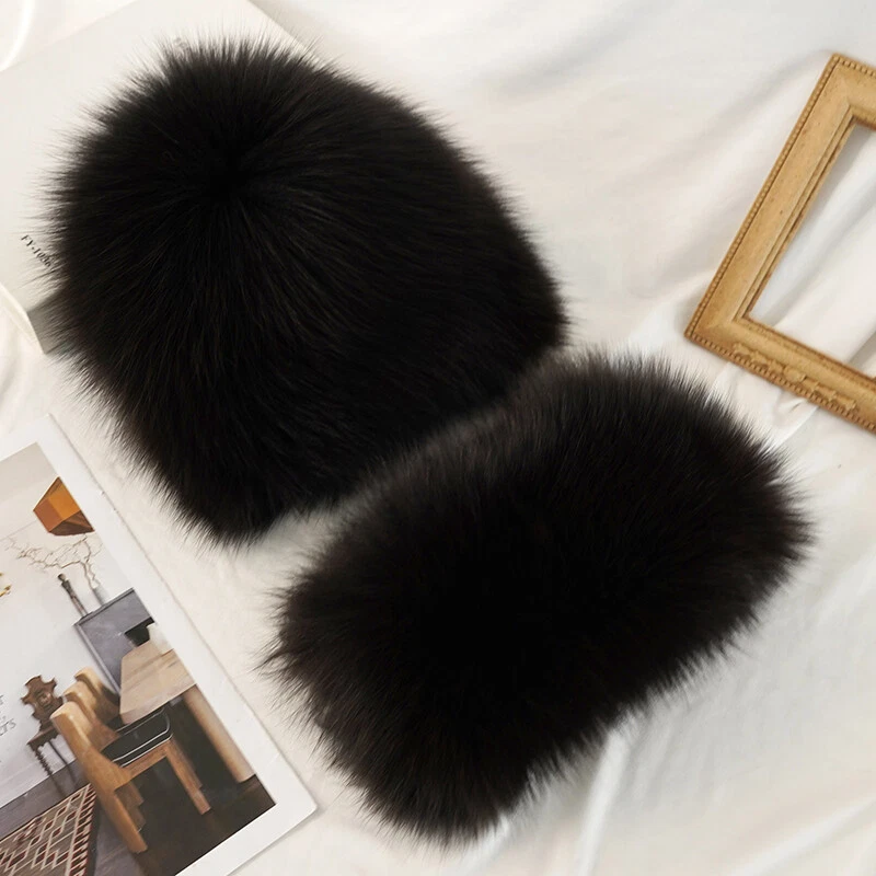 Nuevo Mujeres Sombrero y Bufanda de Piel de Zorro Real Sombrero de Frijol Tejido Gorra Cuello Cálido Bufandas Foto 3 de 4