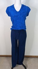 Vtg 60s Womens 2 Piece Bell Bottoms Pants Top Set Blue Terry Cloth Small 4/6 D3S