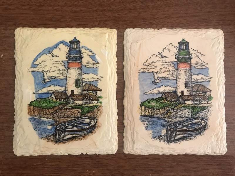 Lot (2) Lighthouse Wall Art Plastic Pictures 4.75”x5.75” - Lighthouse Water Boat