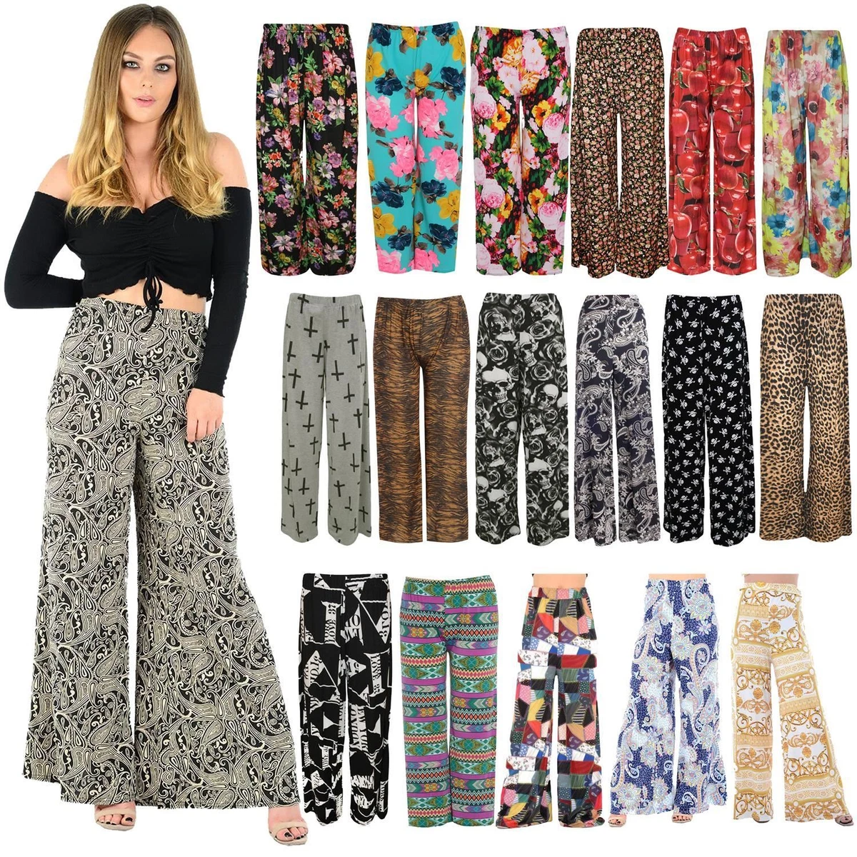 New Womens Printed Plus Size Full Length Wide Leg Palazzo Pants