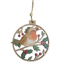 Wooden Christmas Robin Hanging Round Plaque Tree / Window Decoration