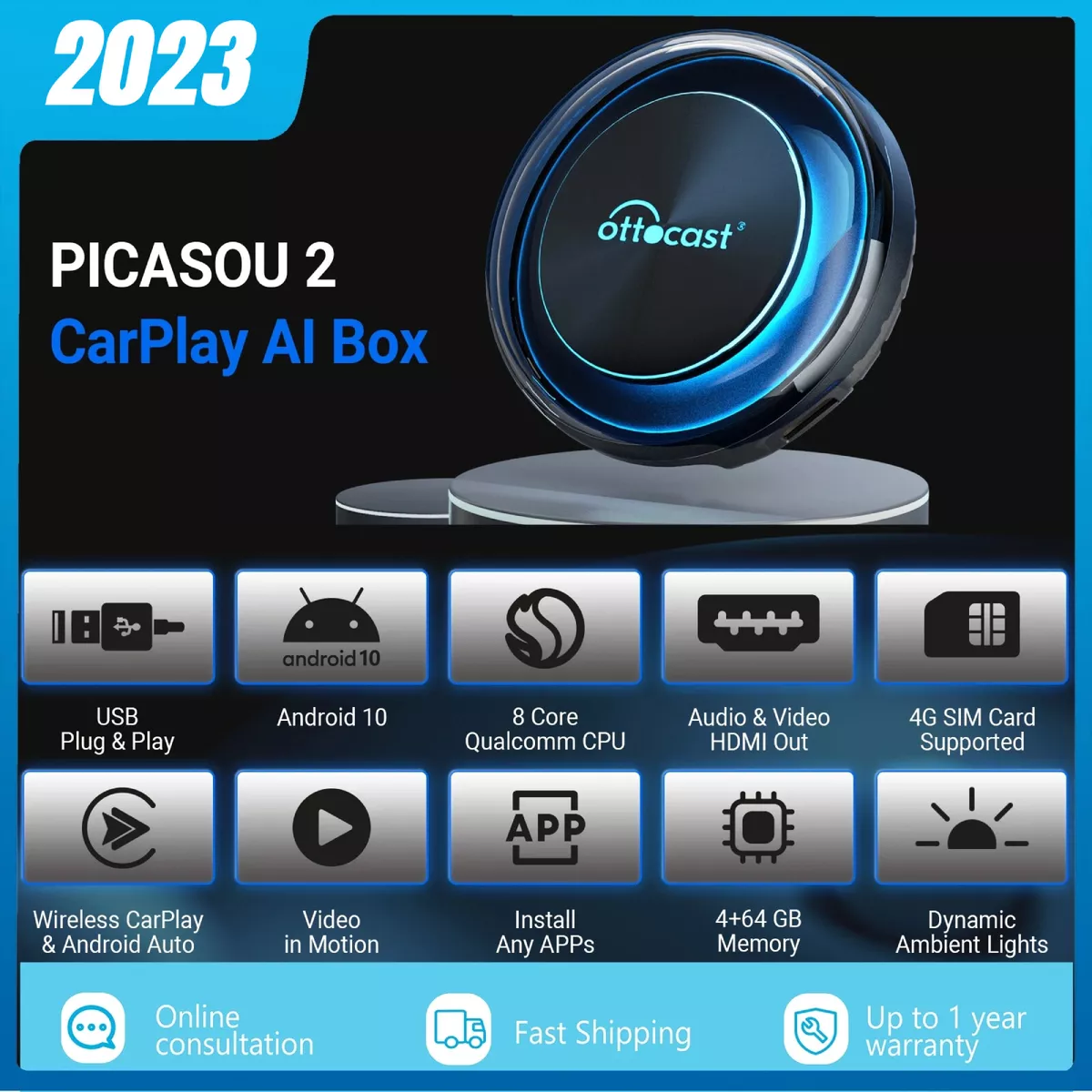 OTTOCAST PICASOU 2 CarPlay AI Box with HDMI Wireless CarPlay Android Auto  Audio