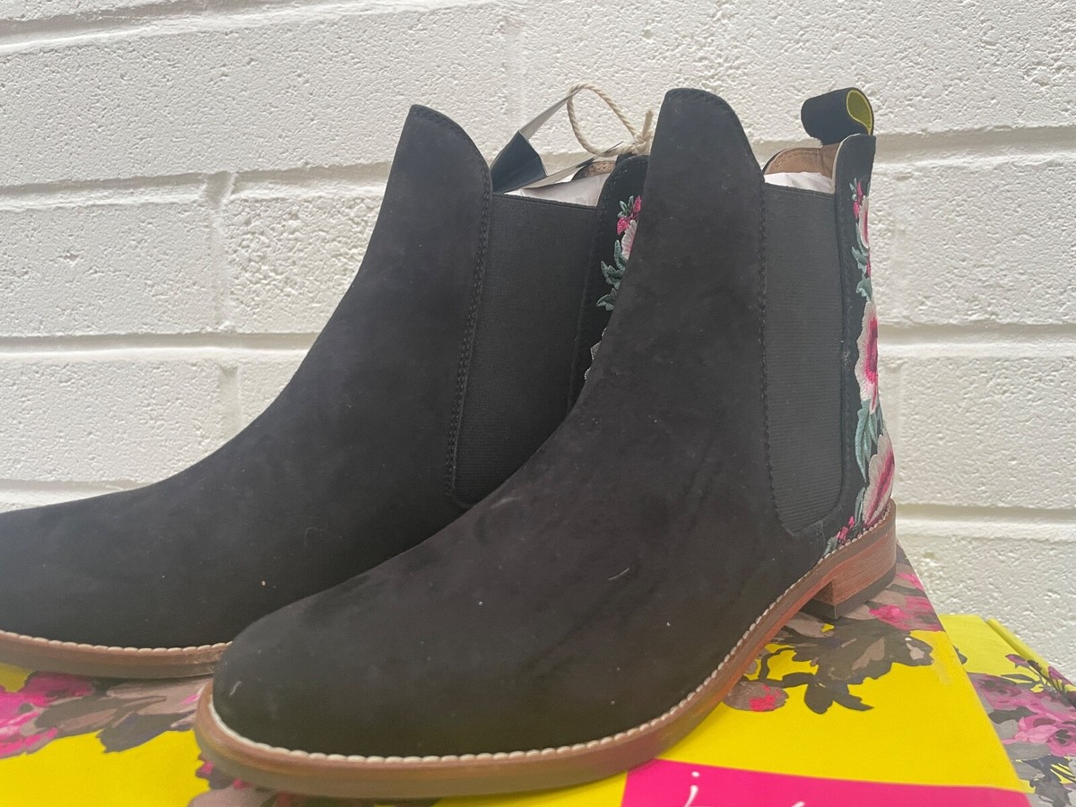 JOULES Chelsea Leather Boots Black Suede/Embroidered Sz RP£150