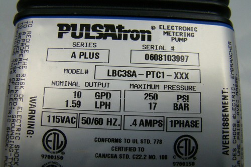 Wallace & Tiernan 115 Volt Premia 75 Solenoid Metering Pump LBC3SA-PTC1-XXX - Picture 3 of 10