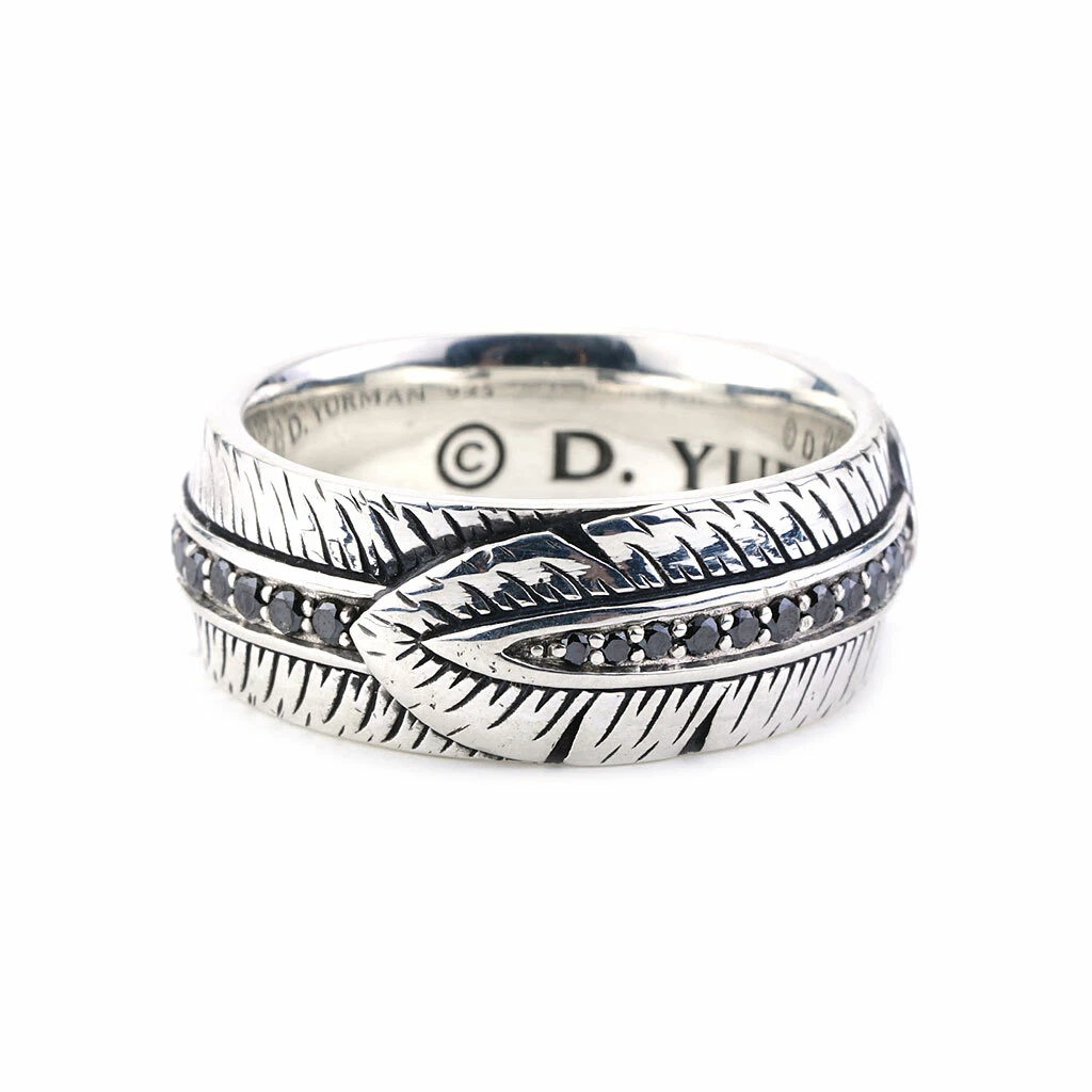 David Yurman Sterling Silver Black Diamonds Southwest Feather Ring