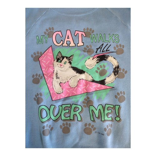 Vtg Cat Walks All Over Me 1989 Miller L Sweatshirt White & Black Cat Granny Core - 第 2/5 張圖片