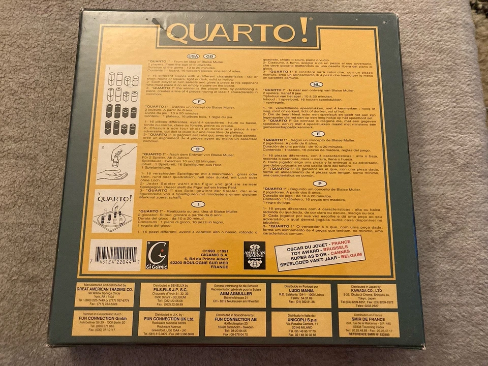 Jogo de tabuleiro QUARTO lacrado de 1993 VINTAGE VENCEDOR DE VÁRIOS PRÊMIOS Fabricado nos EUA - Imagem 2 de 2