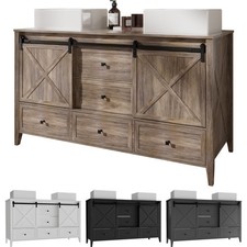 60" Bathroom Vanity Set Double Sink Ceramic Freestanding Cabinet Wood Grain