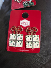 Holiday Time Christmas Bow Gift Box Dangle Earrings Rhinestone Hypoallergenic
