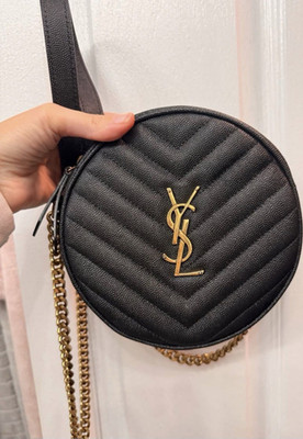 Saint Laurent YSL Round Chevron Crossbody Bag Black Gold Chain Dust Bag Box