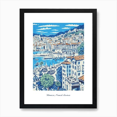 Französische Riviera Monaco Illustration gerahmtes Wandbild Poster Leinwanddruck Bild