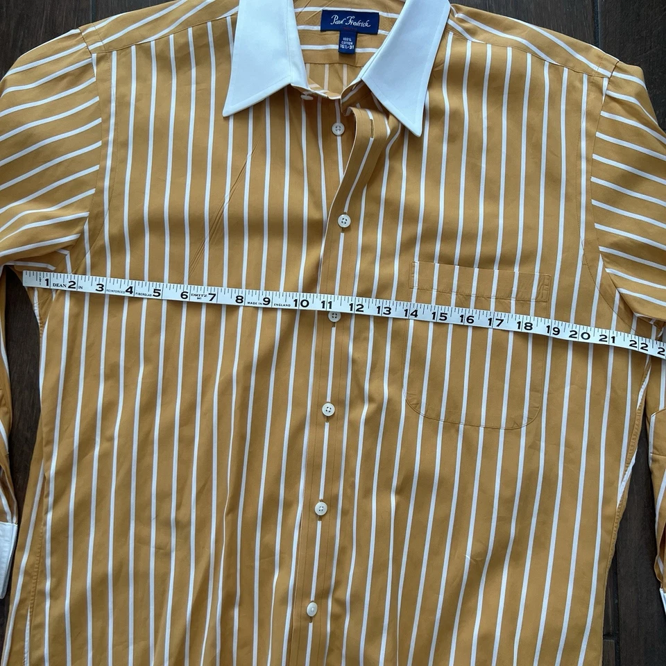 Paul Frederick Cotton Dobby Striped Dress Shirt Gold/White French Cuffs 16.5-31 - Image 4 of 4