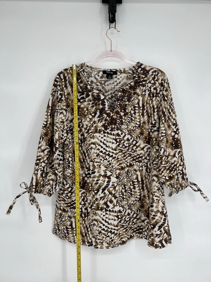 Blusa túnica de lino Style & Co. para mujer talla 14P marrón con cuentas manga 3/4 corbata Foto 2 de 4